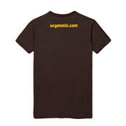 image of the back of a brown tee shirt on a white background. across the top in yellow says orgmusic.com