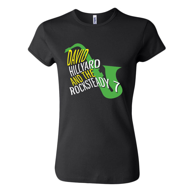image of a women's black tee shirt on a white background. center print of a green saxaphone with the words david hillyard and the rocksteady 7 over it