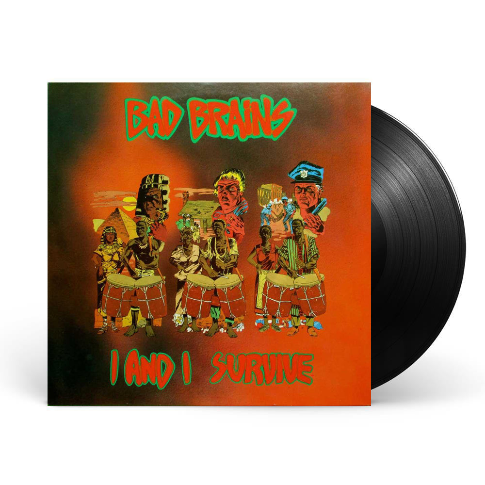 Image of a vinyl sleeve and black vinyl against a white background. The album artwork on the sleeve is a Photo of the Bad Brains- I and I survive album artwork. The background is black and red. The top says Bad brains in red text and is outlined in green. The bottom says I and I survive in red text and is outlined in green. The middle of the artwork features graphics of pyramids, a house, 3 people's faces up close, and 6 men and women playing drums barefoot.