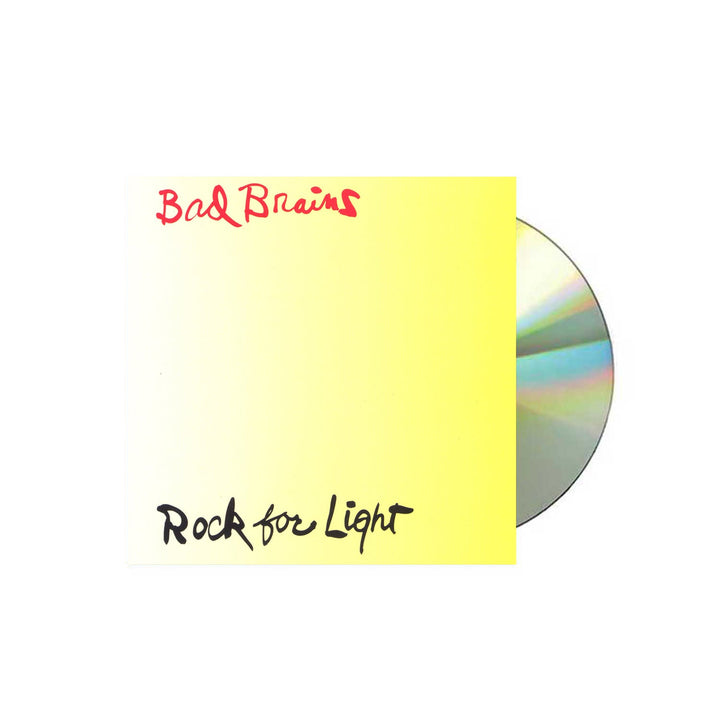 Image of a cd sleeve and silver cd against a white background. The cd sleeve is a photo of the bad brains- rock for light album artwork. The artwork background is a white yellow gradient that starts out white on the left side of the artwork and transitions into a bold yellow. The top of the artwork in red cursive says Bad Brains. The bottom of the artwork in black cursive says rock for light.