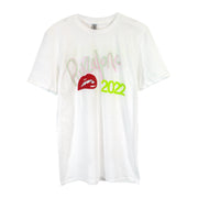 image of the front of a white tee shirt on a white background. tee has a center chest print. the top has grey and pink print that says pluralone with red lips below and 2022 in green