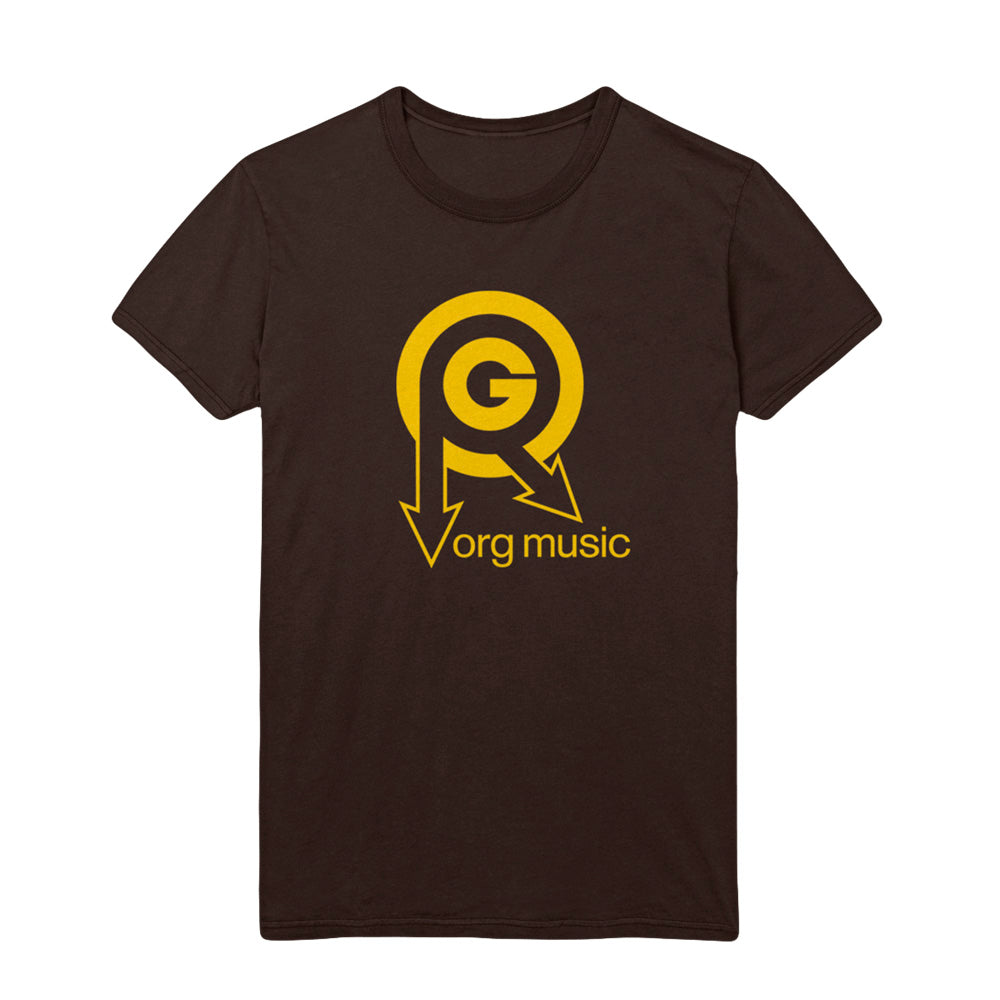 image of the front of a brown tee shirt on a white background. tee has center chest print in yellow of the org music logo and says org music below.