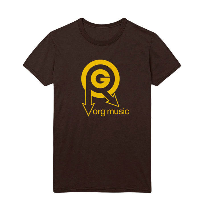 image of the front of a brown tee shirt on a white background. tee has center chest print in yellow of the org music logo and says org music below.