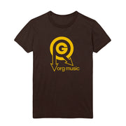 image of the front of a brown tee shirt on a white background. tee has center chest print in yellow of the org music logo and says org music below.