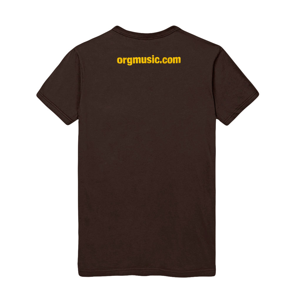 image of the back of a brown tee shirt on a white background. across the top in yellow says orgmusic.com