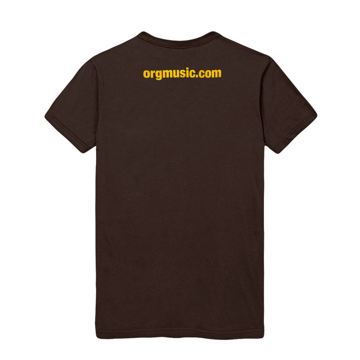 image of the back of a brown tee shirt on a white background. across the top in yellow says orgmusic.com
