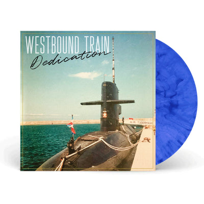 Westbound Train Dedication vinyl LP. album art depicts a subway at a dock getting ready to sail. vinyl color is Transparent Blue Marble.