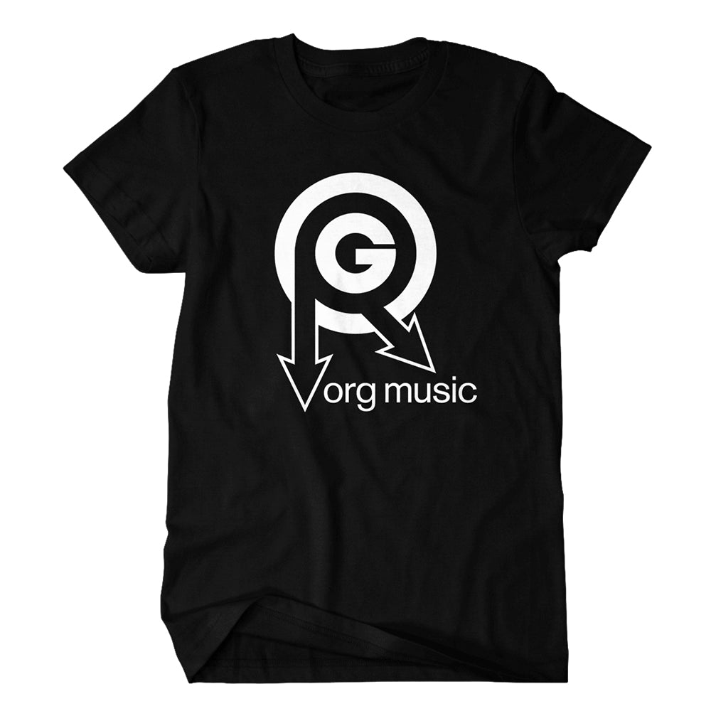 image of a black tee shirt on a white background. tee has center chest print in white of the org music logo 
