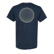 image of the back of a midnight navy tee shirt on a white background. tee has a circle in the center