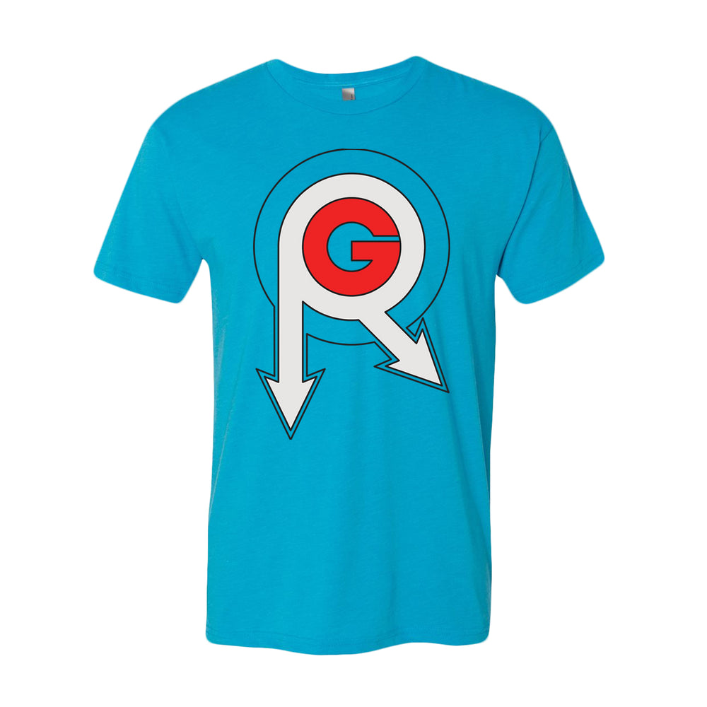 image of the front of a vintage turquoise tee shirt on a white background. full center chest print of the org music logo