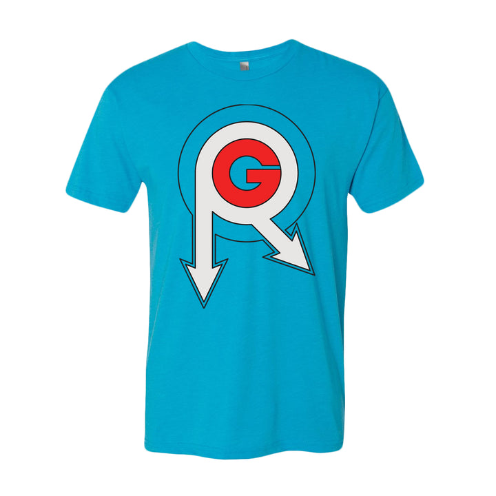 image of the front of a vintage turquoise tee shirt on a white background. full center chest print of the org music logo