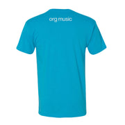 image of the back of a vintage turquoise tee shirt on a white background. small print at the top between the shoulders that says org music