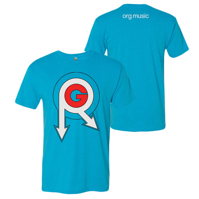 image of the front and back of a vintage turquoise tee shirt on a white background. front of the tee is on the left and has a  full center chest print of the org music logo. back of the tee is on the right and has a small print at the top that says org music