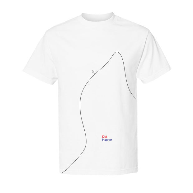 image of a white tee shirt on a white background. tee has full body print of a black line in the shape of a hill with a small stick figure person on the hill. also on the shirt in small text near the middle bottom says dot hacker