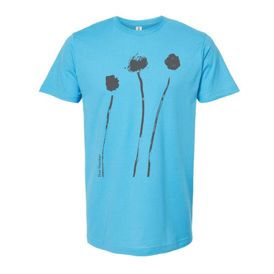 image of an aqua tee shirt on a white background. tee has full body print of three abstract flowers