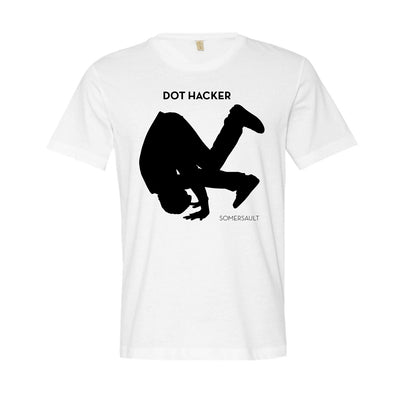 image of a white tee shirt on a white background. tee has center chest print in black of a silhouetted man doing a somersault. the top says dot hacker