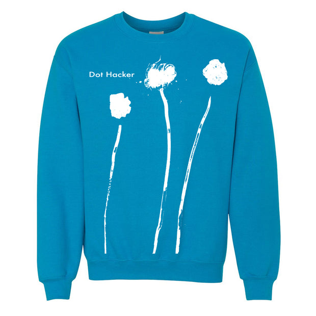 image of a sapphire crewneck sweatshirt on a white background. crewneck has full body print of three white abstract flowers