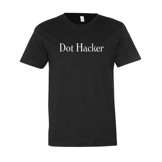 image of a black tee shirt on a white background. tee has white print across the chest that says dot hacker
