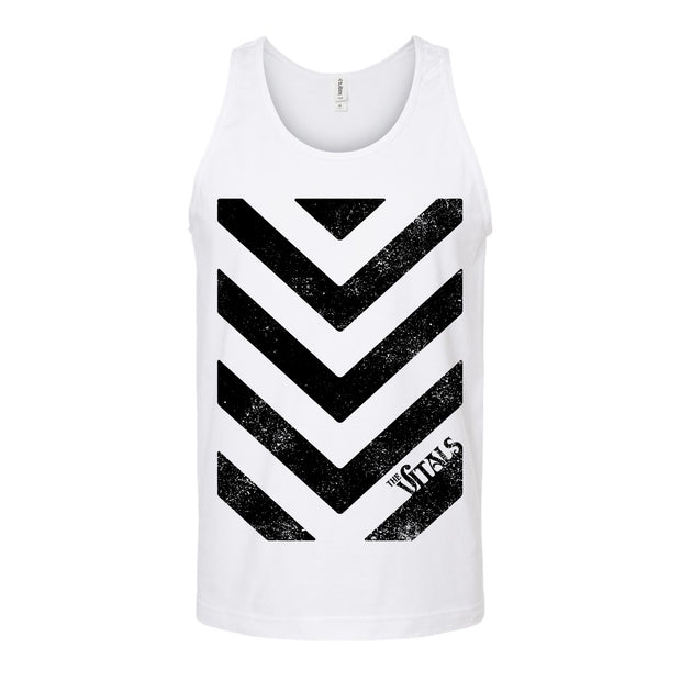 image of a white tank top on a white background. tank has full body print in black of angled ninety degree angled stripes going down, and also says the vitals on the bottom right