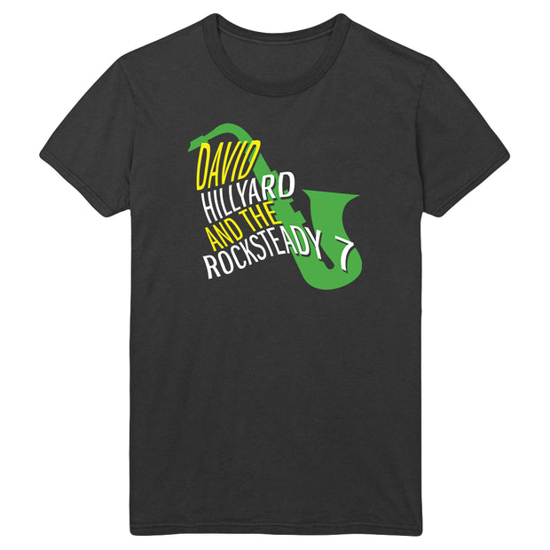 image of a black tee shirt on a white background. center print of a green saxaphone with the words david hillyard and the rocksteady 7 over it
