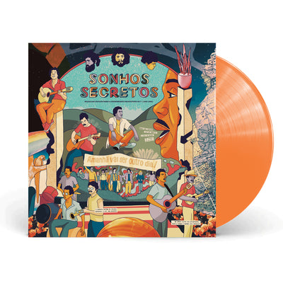 Sonhos Secretos Transparent Orange Vinyl LP. Album Art depicts an colorful artists rendition of a music festival.