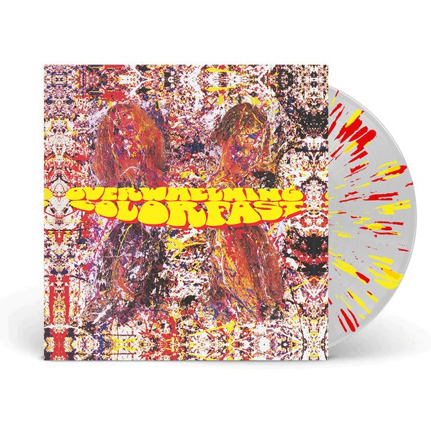 Overwhelming Colorfast Self Titled Clear with Red & Yellow Splatter Vinyl LP. Album art is an abstract design of yellow, red and black colors