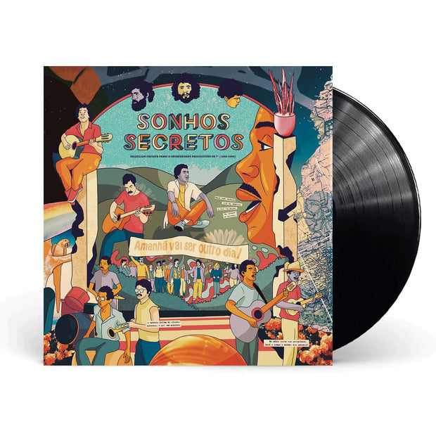 Sonhos Secretos Black Vinyl LP. Album Art depicts an colorful artists rendition of a music festival.